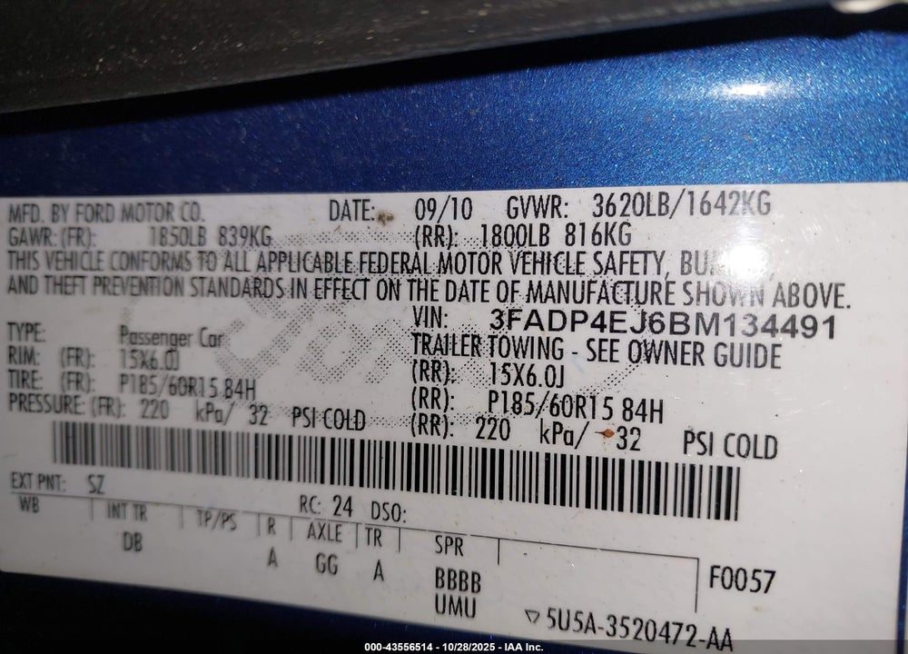 2011 FORD FIESTA SE VIN: 3FADP4EJ6BM134491