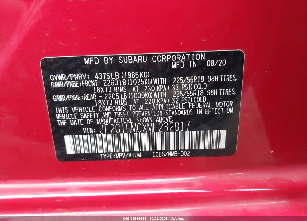 2021 SUBARU CROSSTREK LIMITED VIN: JF2GTHMCXMH232817