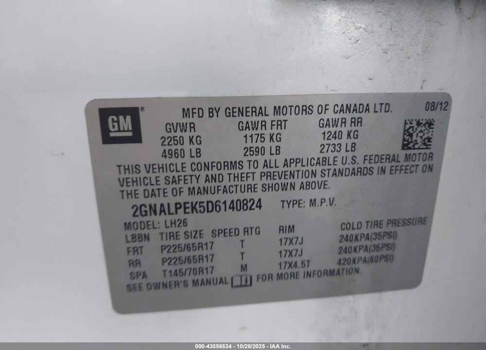 2013 CHEVROLET EQUINOX 2LT VIN: 2GNALPEK5D6140824
