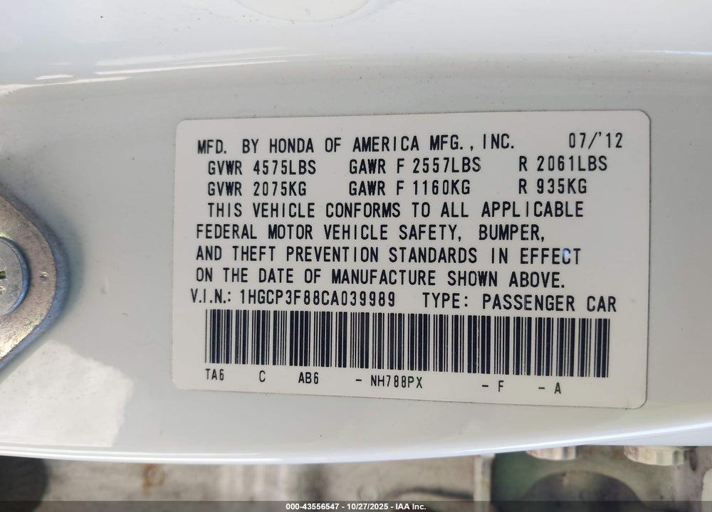 2012 HONDA ACCORD 3.5 EX-L VIN: 1HGCP3F88CA039989