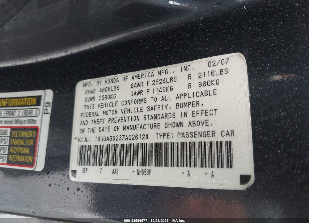 2007 ACURA TL 3.2 VIN: 19UUA66237A026124