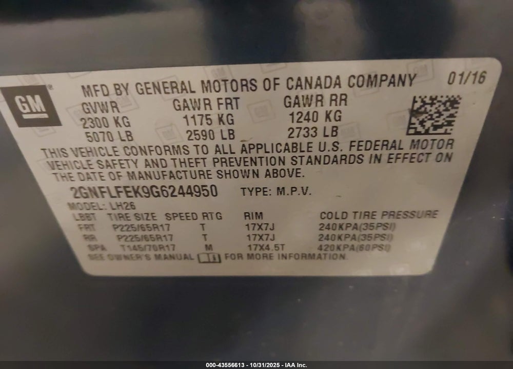 2016 CHEVROLET EQUINOX LT VIN: 2GNFLFEK9G6244950