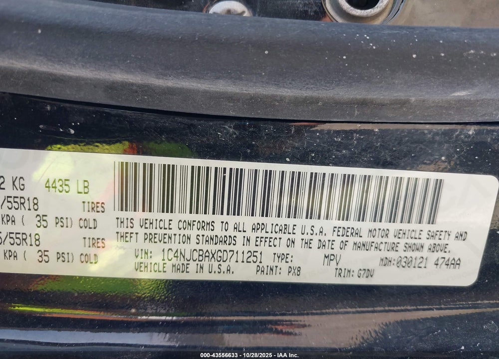2016 JEEP COMPASS VIN: 1C4NJCBAXGD711251