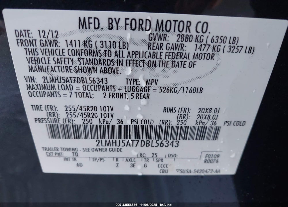 2013 LINCOLN MKT ECOBOOST VIN: 2LMHJ5AT7DBL56343