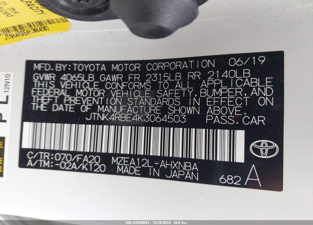2019 TOYOTA COROLLA SE VIN: JTNK4RBE4K3064503