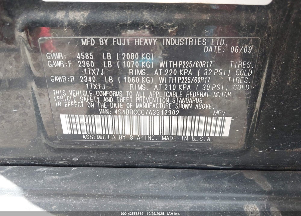 2010 SUBARU OUTBACK VIN: 4S4BRCCC7A3312902