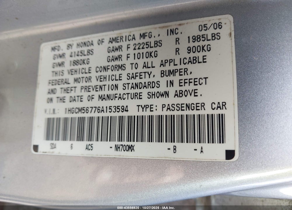 2006 HONDA ACCORD 2.4 EX VIN: 1HGCM56776A153594
