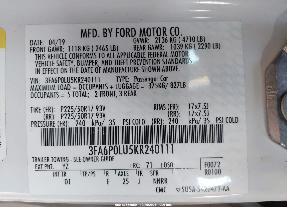 2019 FORD FUSION HYBRID SE VIN: 3FA6P0LU5KR240111