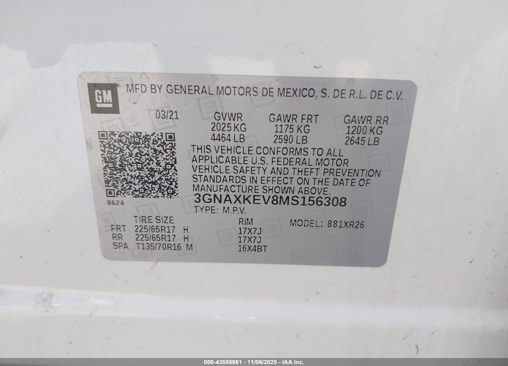 2021 CHEVROLET EQUINOX FWD LT VIN: 3GNAXKEV8MS156308
