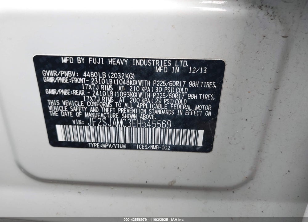 2014 SUBARU FORESTER VIN: JF2SJAMC3EH545569