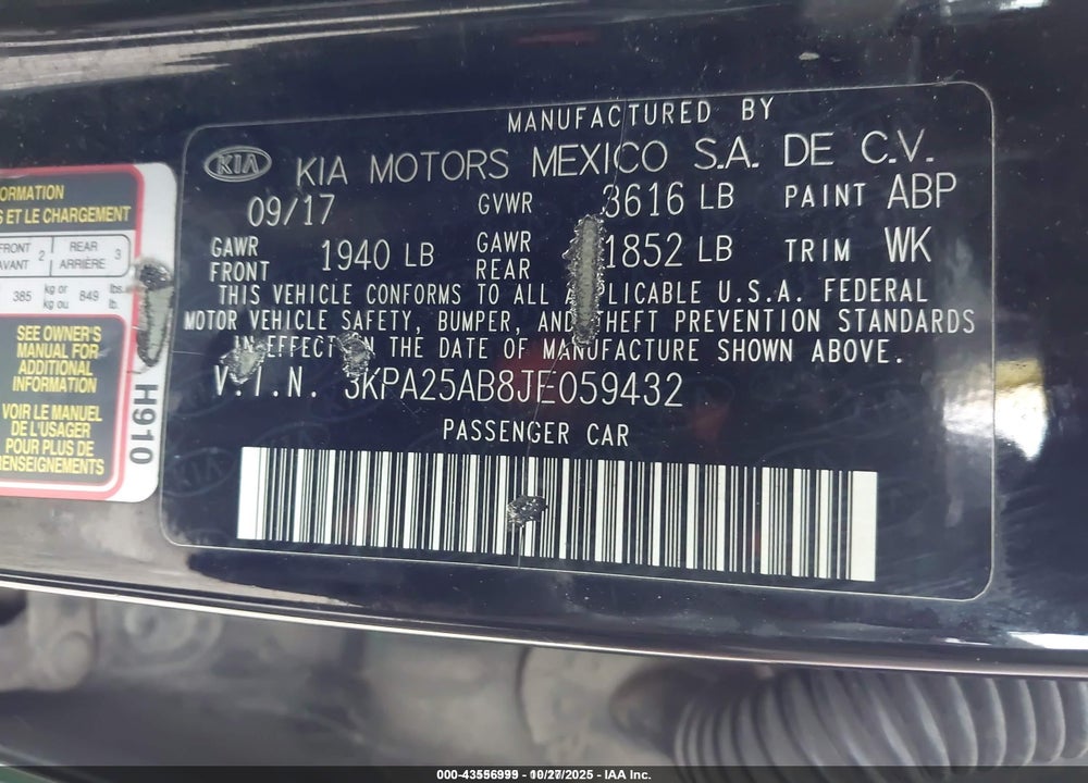 2018 KIA RIO LX VIN: 3KPA25AB8JE059432