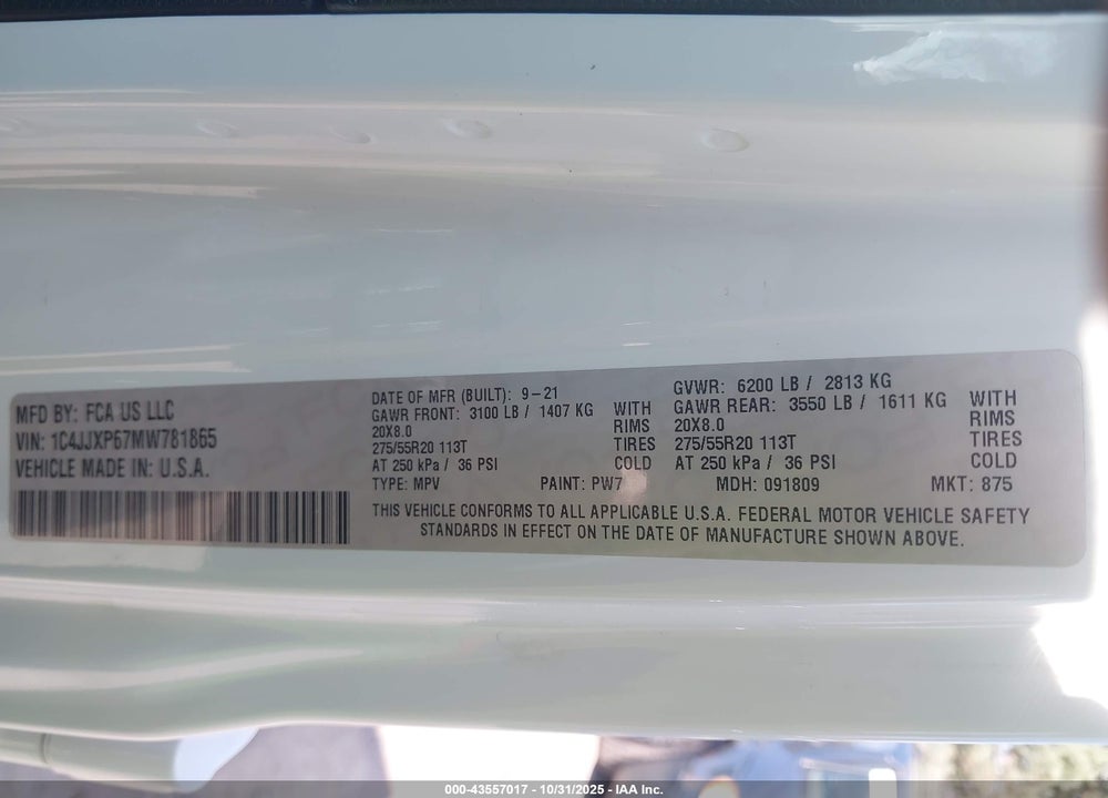 2021 JEEP WRANGLER / VIN: 1C4JJXP67MW781865