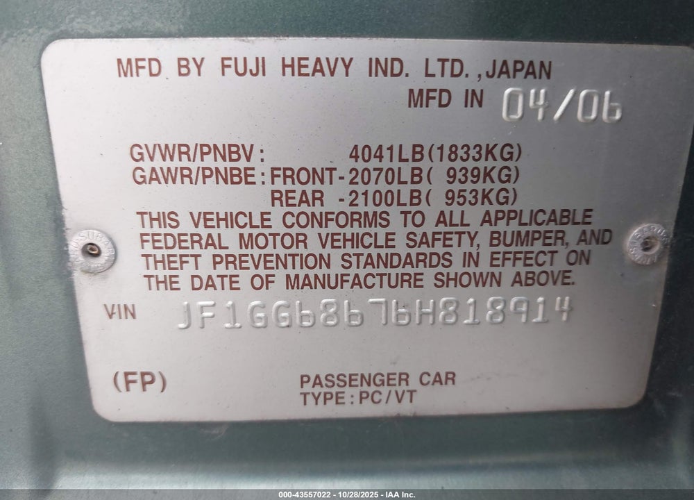 2006 SUBARU IMPREZA VIN: JF1GG68676H818914