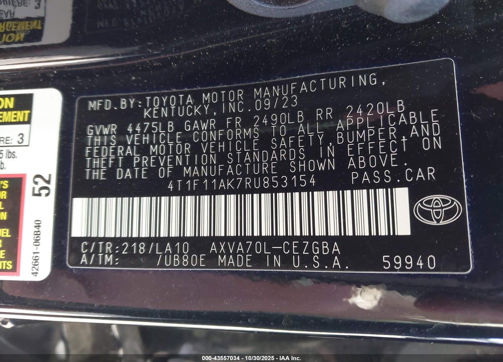 2024 TOYOTA CAMRY XLE VIN: 4T1F11AK7RU853154