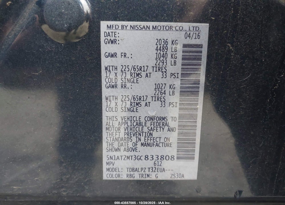 2016 NISSAN ROGUE SPORT VIN: 5N1AT2MT3GC833808