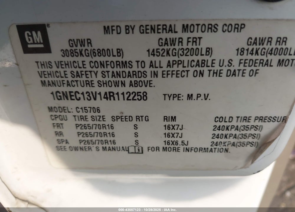 2004 CHEVROLET TAHOE LS VIN: 1GNEC13V14R112258