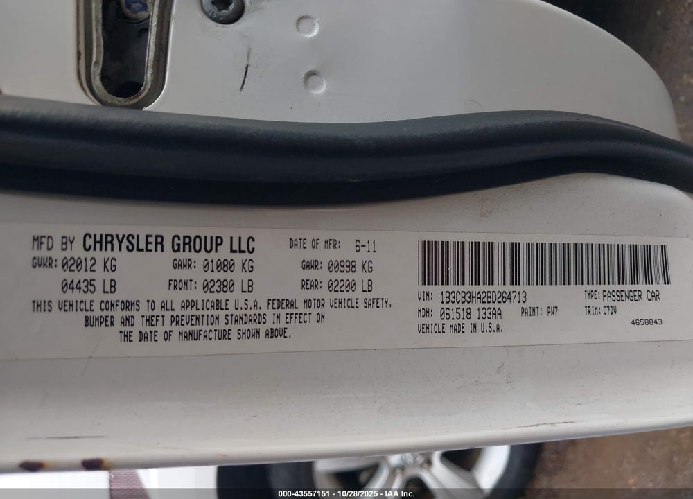 2011 DODGE CALIBER MAINSTREET VIN: 1B3CB3HA2BD264713