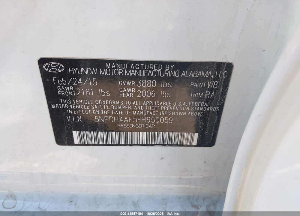 2015 HYUNDAI ELANTRA SE VIN: 5NPDH4AE5FH650059