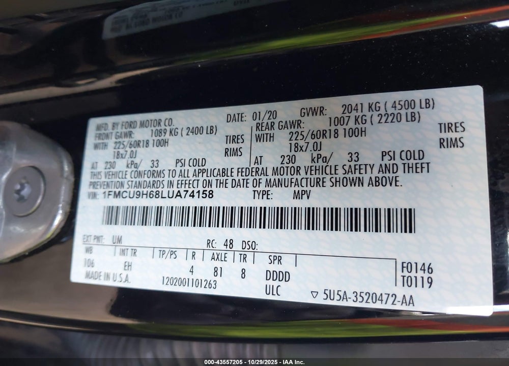 2020 FORD ESCAPE SEL VIN: 1FMCU9H68LUA74158