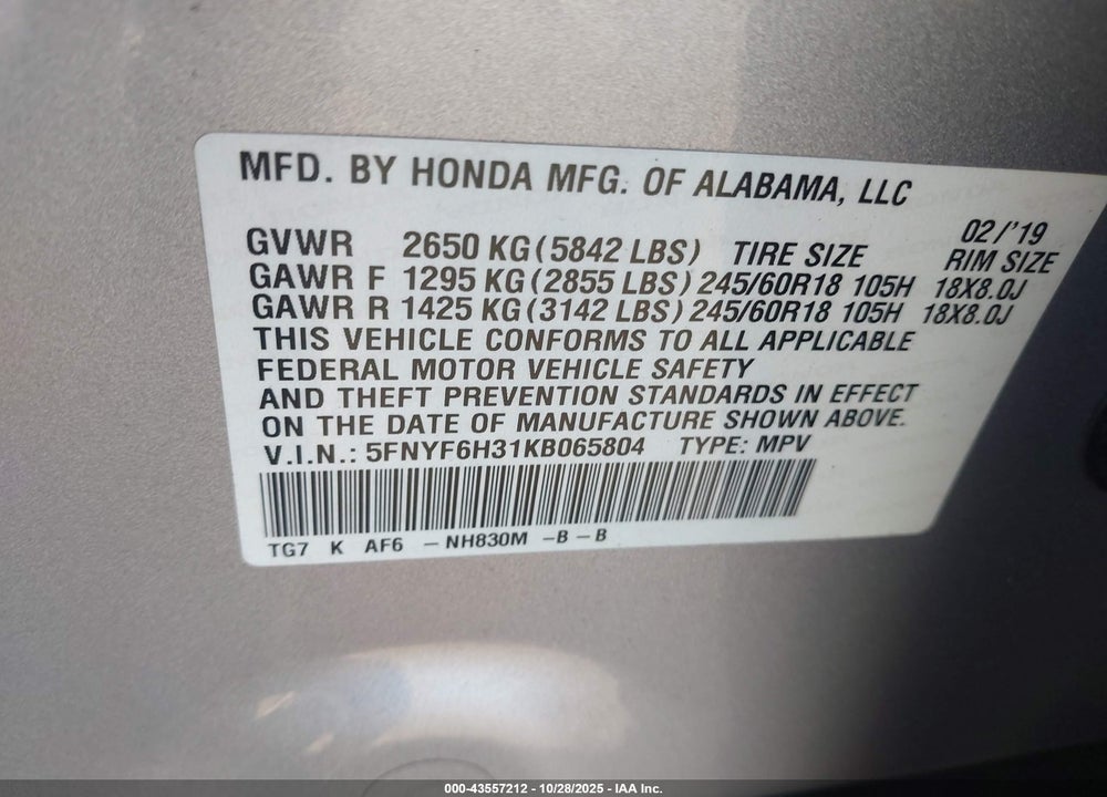 2019 HONDA PILOT EX VIN: 5FNYF6H31KB065804