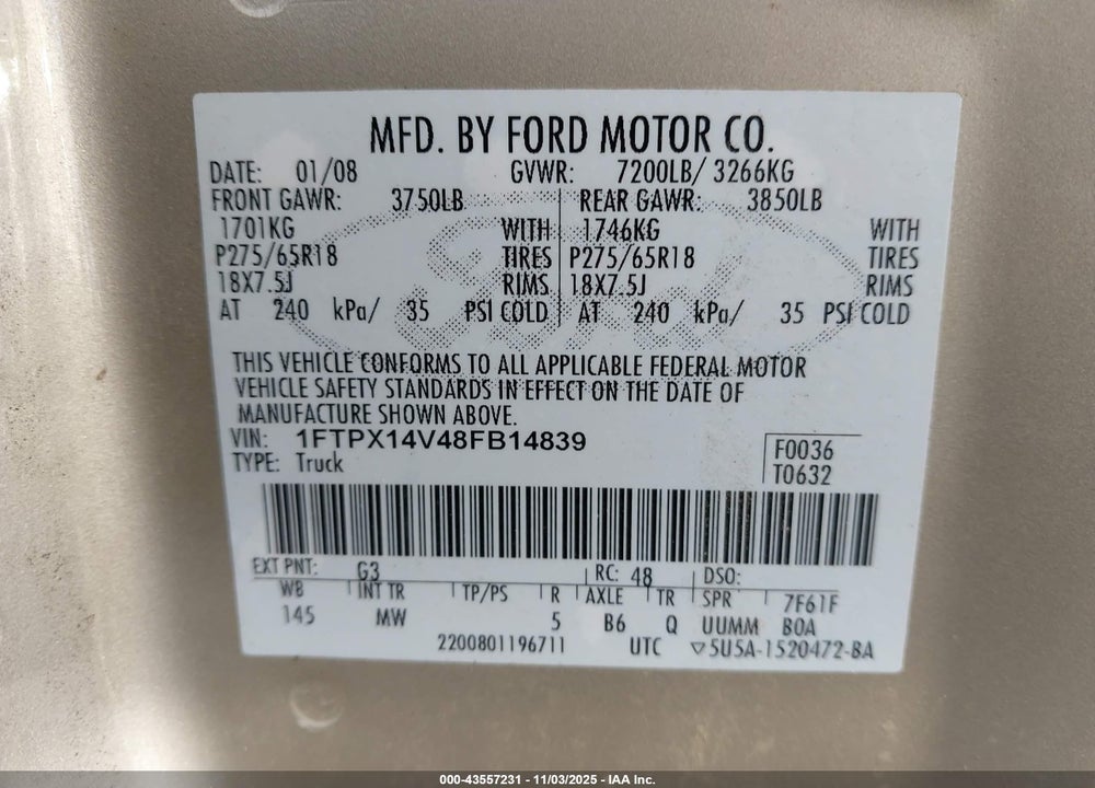 2008 FORD F150 VIN: 1FTPX14V48FB14839
