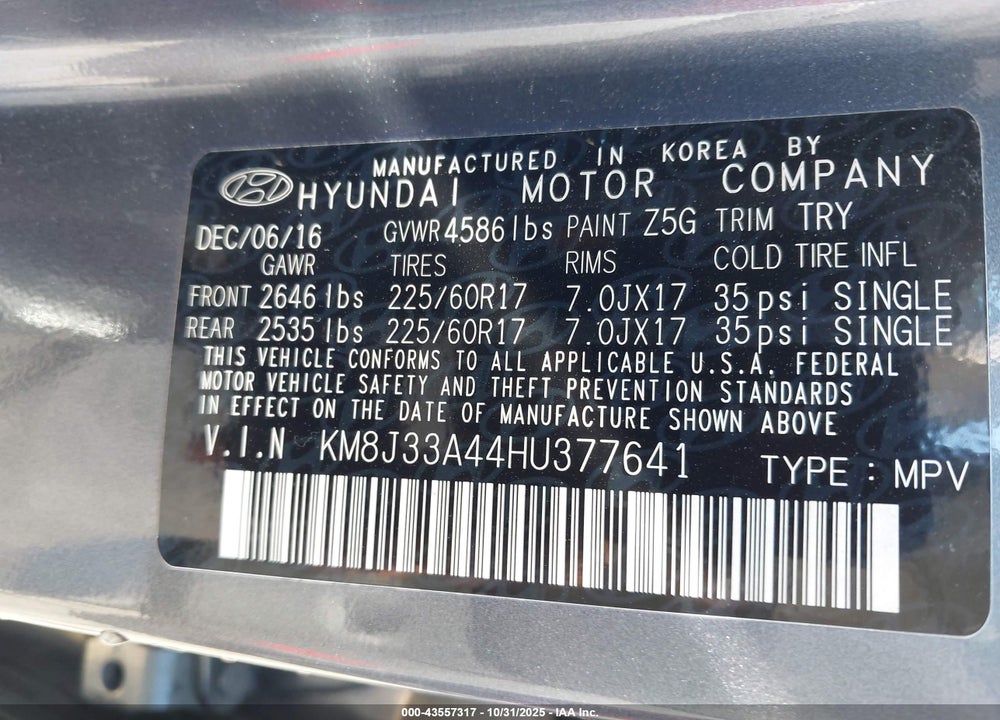 2017 HYUNDAI TUCSON VIN: KM8J33A44HU377641