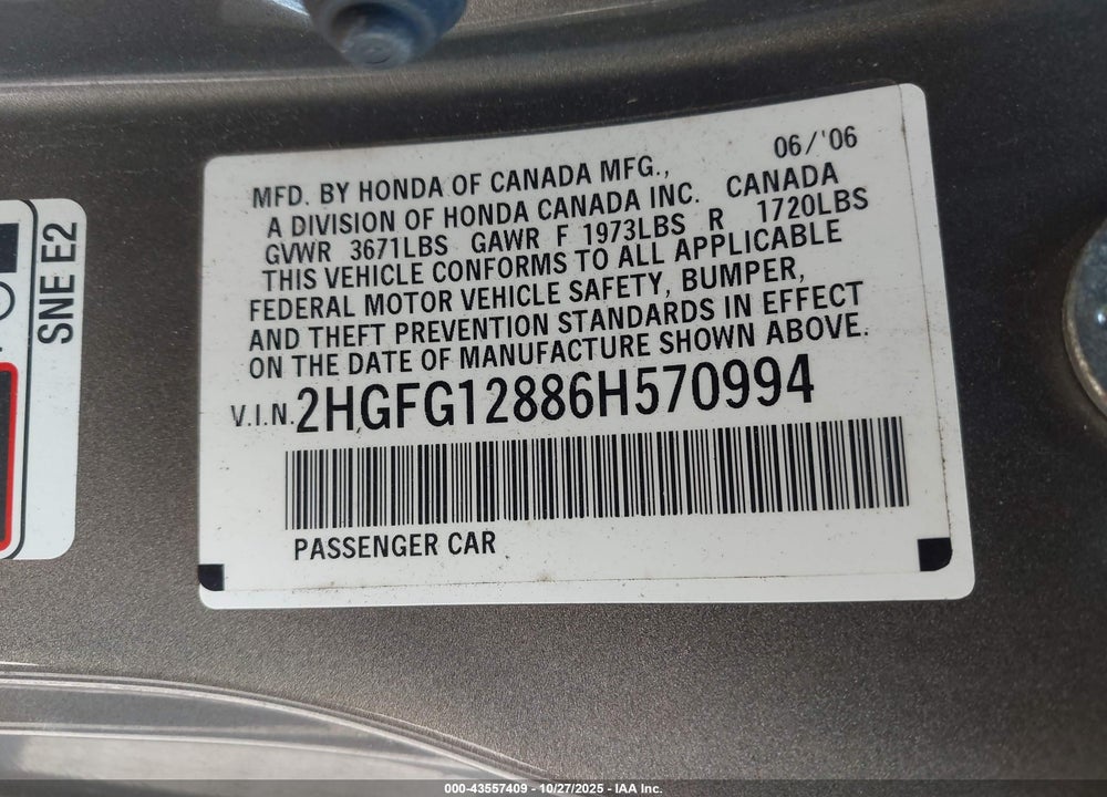 2006 HONDA CIVIC EX VIN: 2HGFG12886H570994