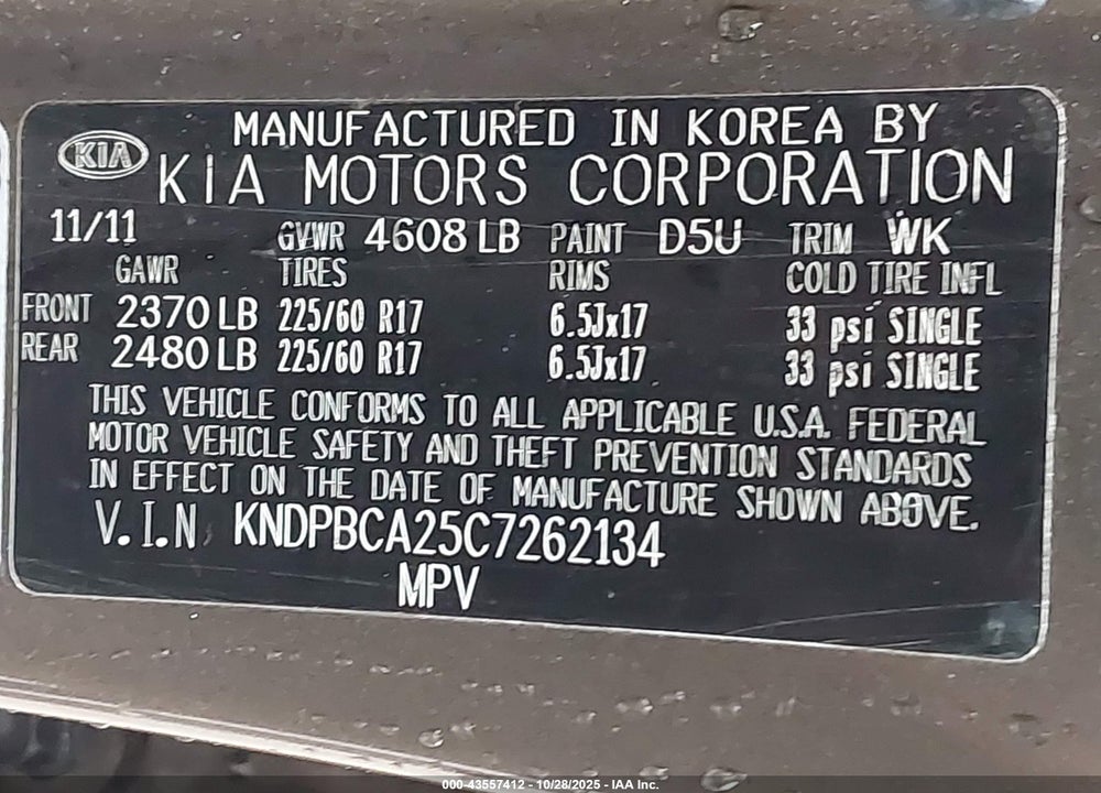 2012 KIA SPORTAGE LX VIN: KNDPBCA25C7262134
