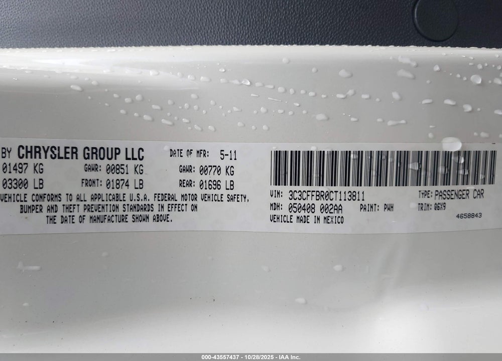 2012 FIAT 500 VIN: 3C3CFFBR0CT113811