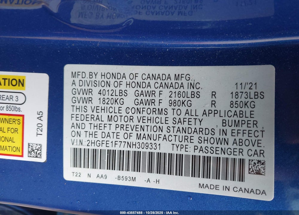 2022 HONDA CIVIC EX VIN: 2HGFE1F77NH309331