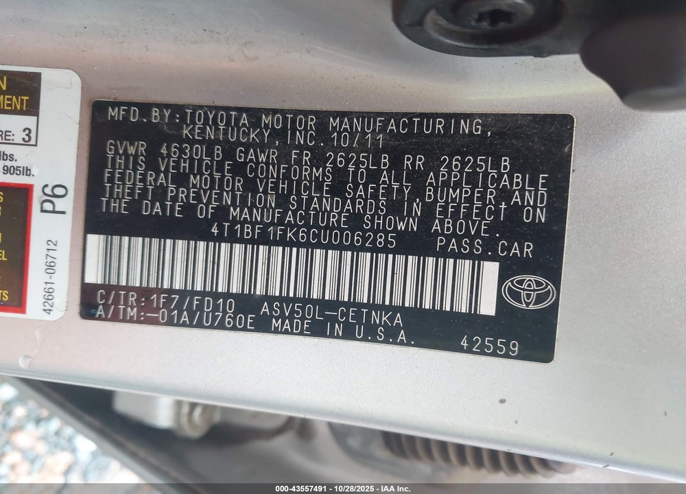 2012 TOYOTA CAMRY VIN: 4T1BF1FK6CU006285