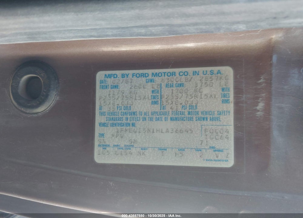 1987 FORD BRONCO U100 VIN: 1FMEU15N1HLA36645