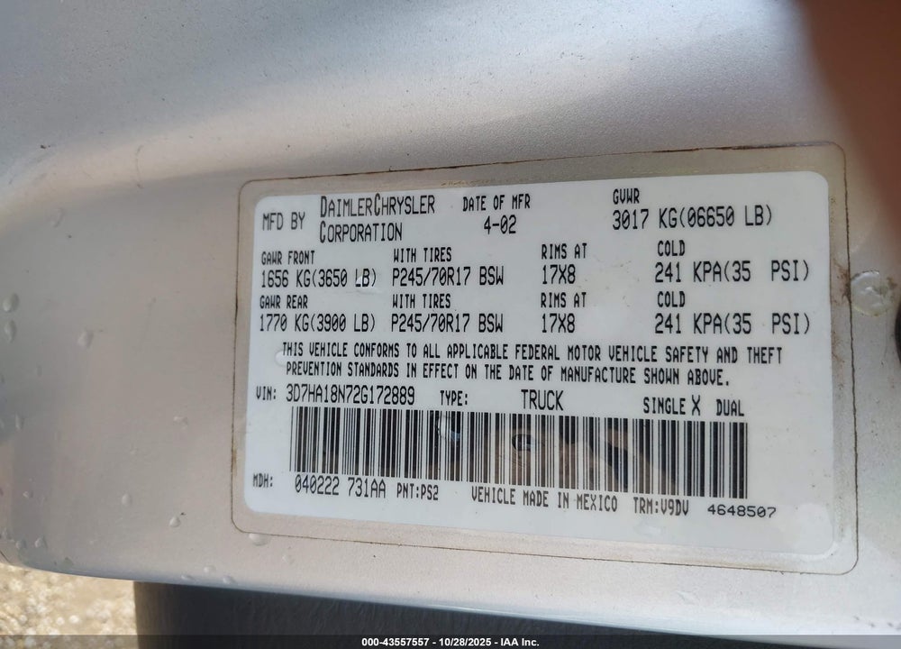 2002 DODGE RAM 1500 ST VIN: 3D7HA18N72G172889