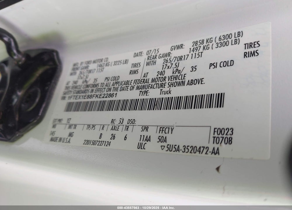 2015 FORD F-150 VIN: 1FTEX1E88FKE22861