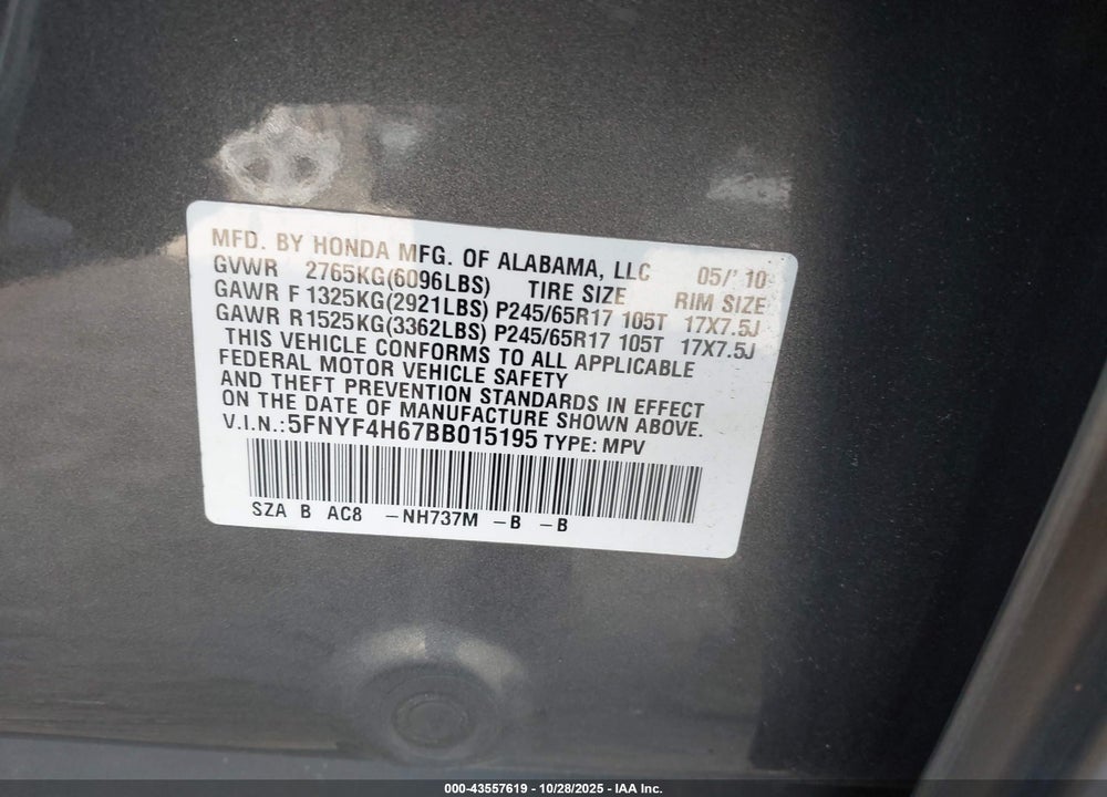 2011 HONDA PILOT EX-L VIN: 5FNYF4H67BB015195