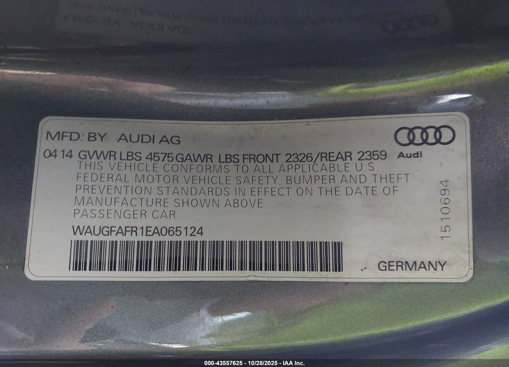 2014 AUDI A5 VIN: WAUGFAFR1EA065124