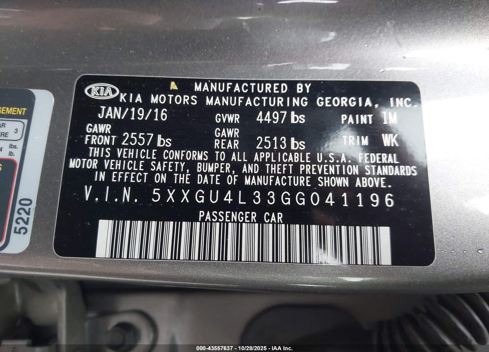 2016 KIA OPTIMA EX VIN: 5XXGU4L33GG041196