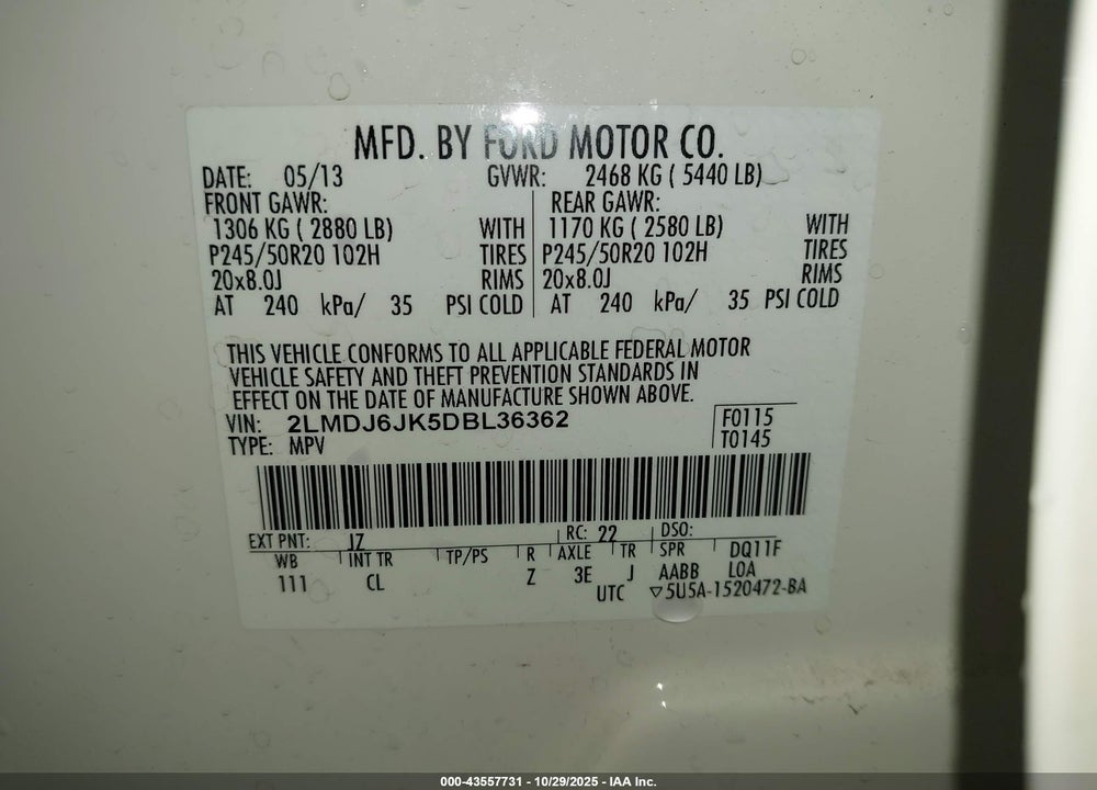 2013 LINCOLN MKX VIN: 2LMDJ6JK5DBL36362