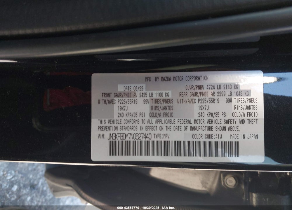 2022 MAZDA CX-5 2.5 S PREMIUM VIN: JM3KFBDM7N0627440