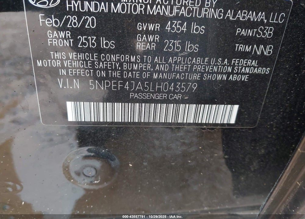 2020 HYUNDAI SONATA VIN: 5NPEF4JA5LH043579
