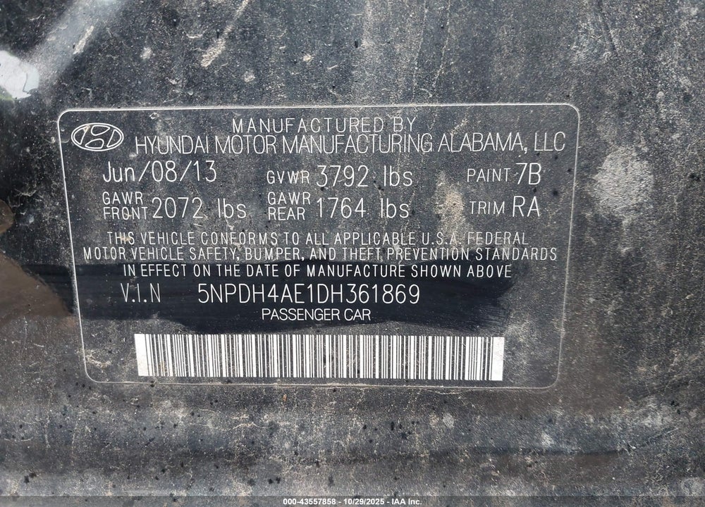 2013 HYUNDAI ELANTRA VIN: 5NPDH4AE1DH361869