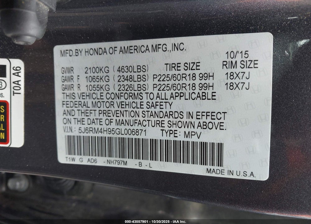2016 HONDA CR-V VIN: 5J6RM4H95GL006871