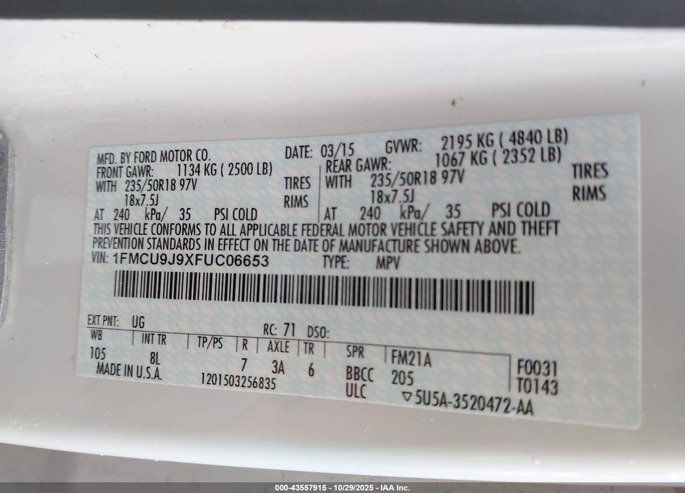 2015 FORD ESCAPE VIN: 1FMCU9J9XFUC06653