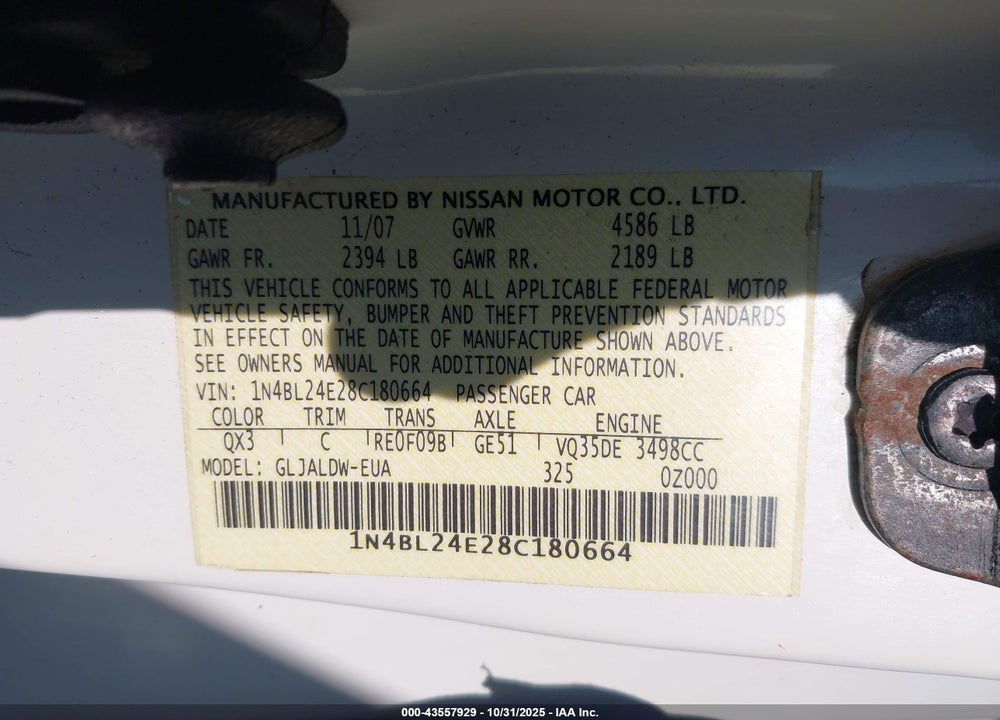 2008 NISSAN ALTIMA VIN: 1N4BL24E28C180664