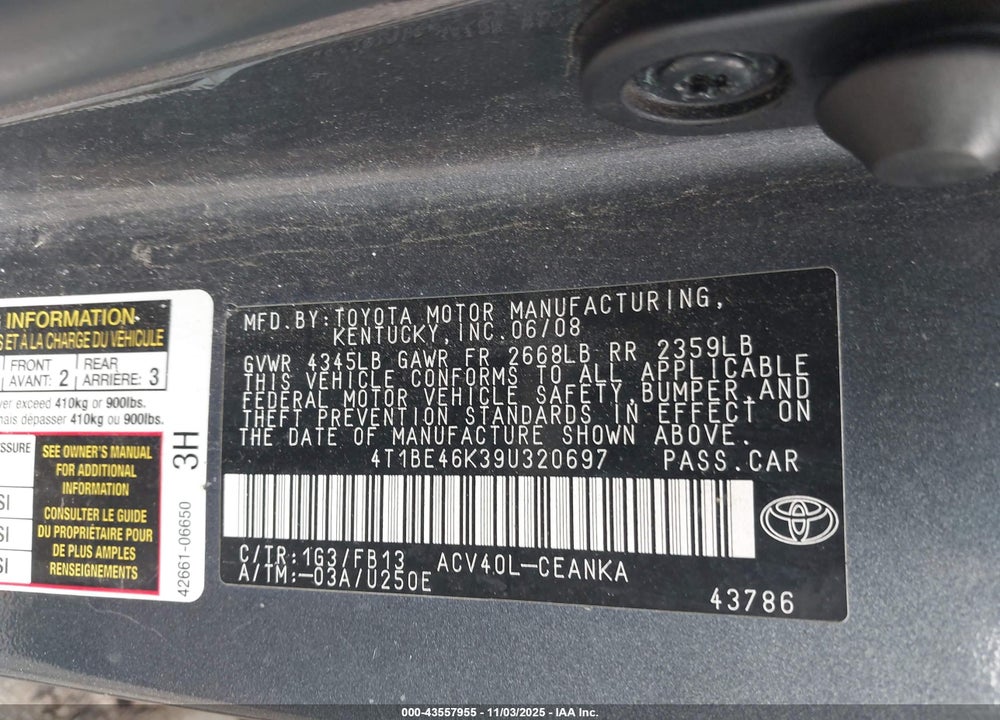 2009 TOYOTA CAMRY VIN: 4T1BE46K39U320697