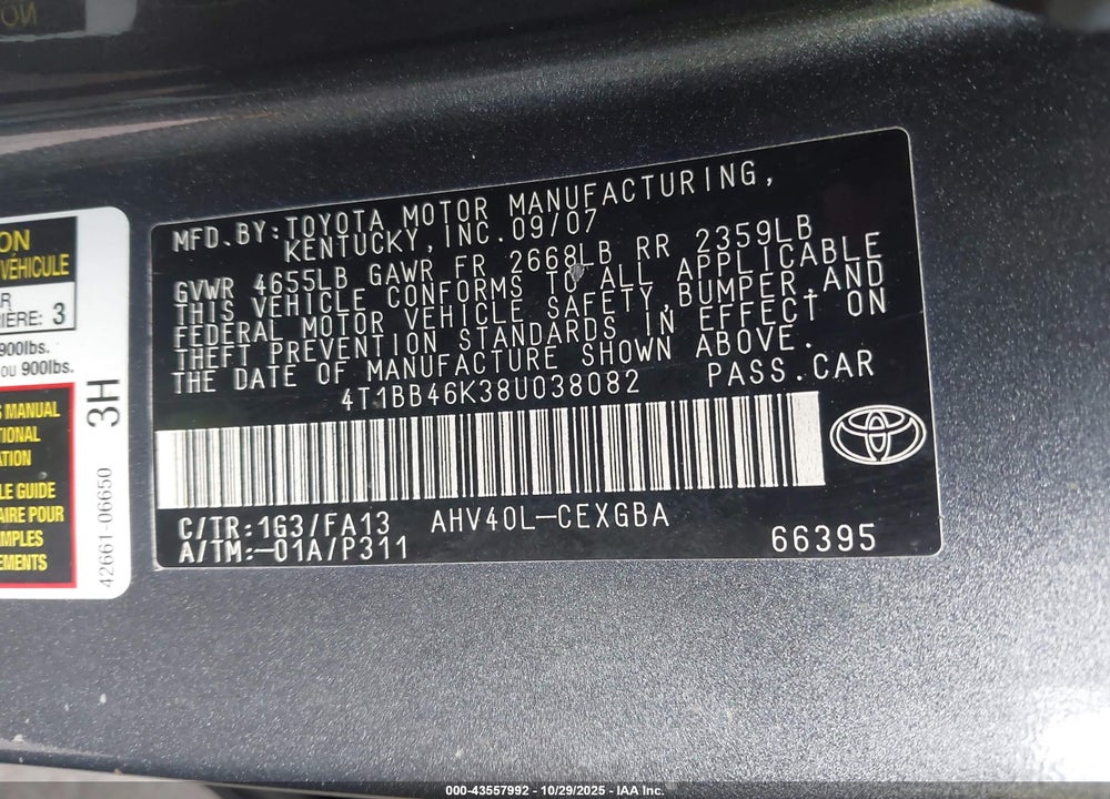 2008 TOYOTA CAMRY HYBRID VIN: 4T1BB46K38U038082
