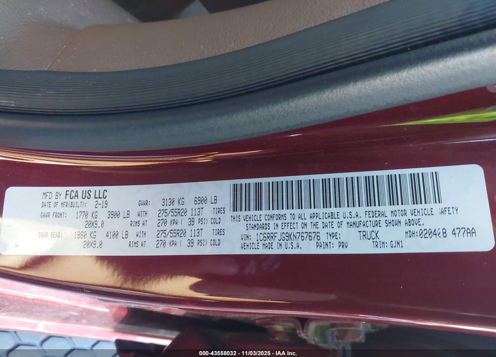 2019 RAM 1500 VIN: 1C6RRFJG9KN767676