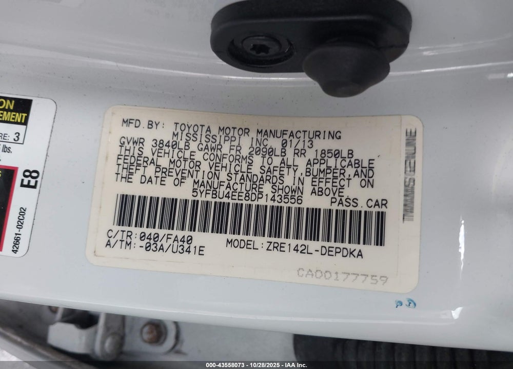 2013 TOYOTA COROLLA VIN: 5YFBU4EE8DP143556