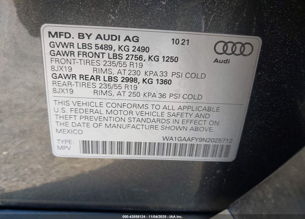 2022 AUDI Q5 PREMIUM 45 TFSI S LINE QUATTRO S TRONIC VIN: WA1GAAFY9N2025712