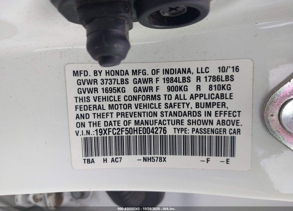 2017 HONDA CIVIC VIN: 19XFC2F50HE004276